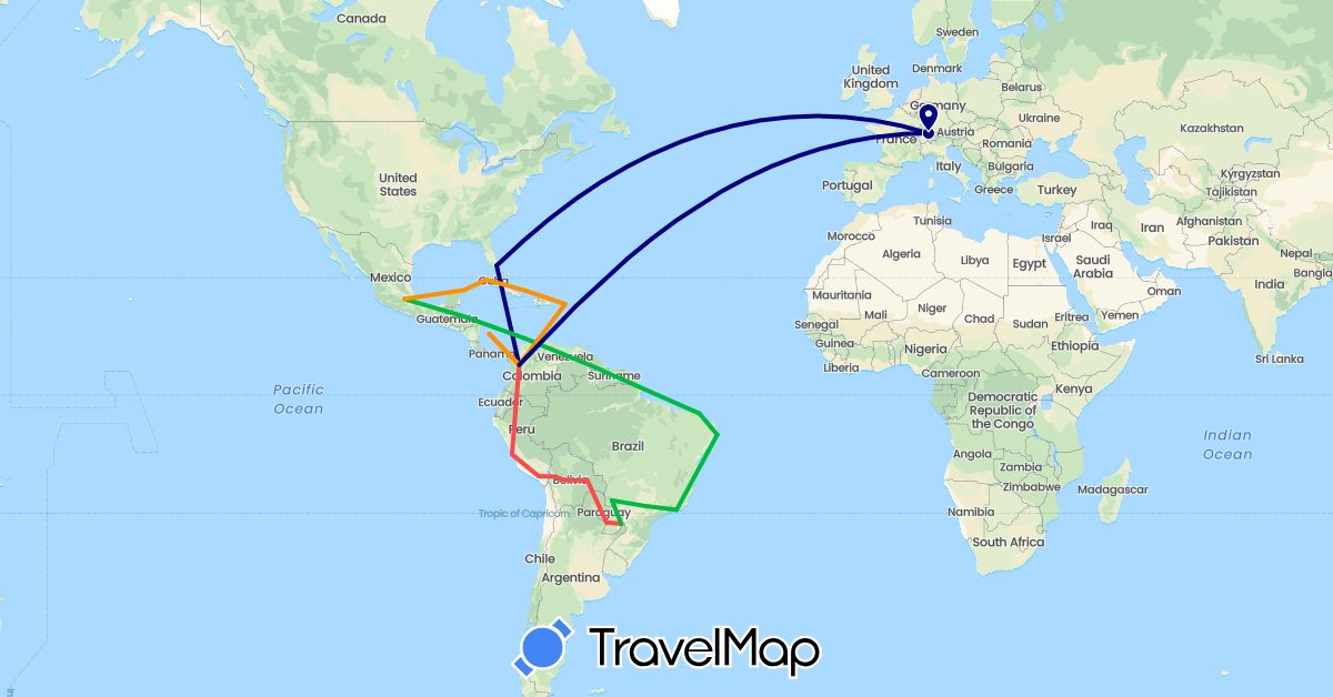 TravelMap itinerary: driving, bus, hiking, hitchhiking in Bolivia, Brazil, Switzerland, Colombia, Cuba, Mexico, Peru, Paraguay, United States (Europe, North America, South America)